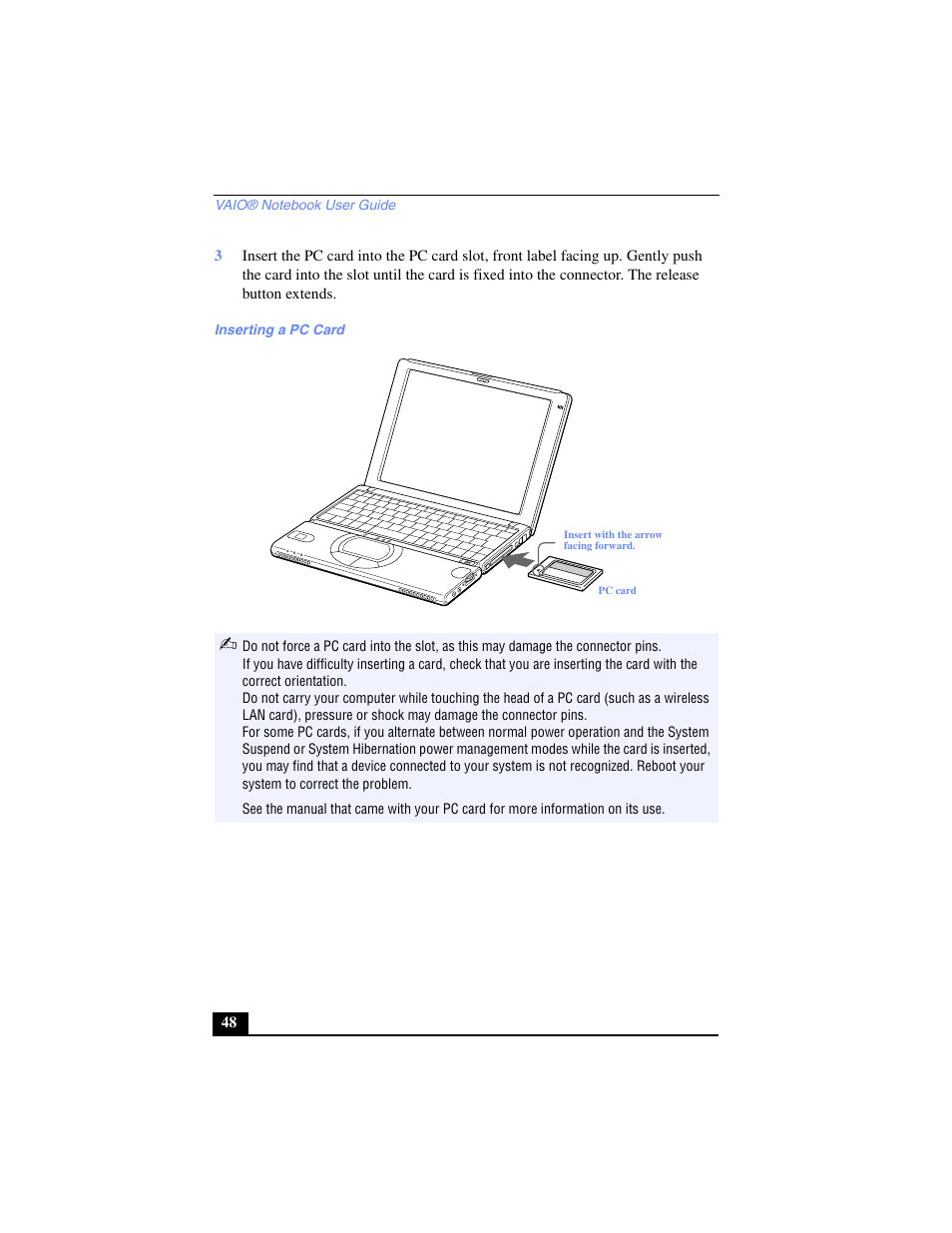 Inserting a pc card | Sony PCG-SR17 User Manual | Page 46 / 122