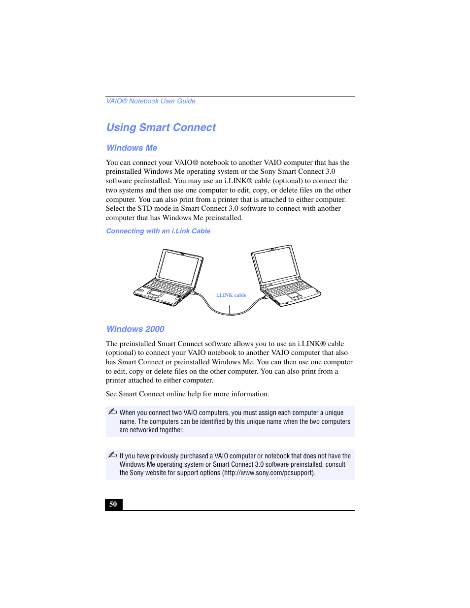 Using smart connect, Windows me, Connecting with an i.link cable | Windows 2000 | Sony PCG-SR17 User Manual | Page 48 / 122