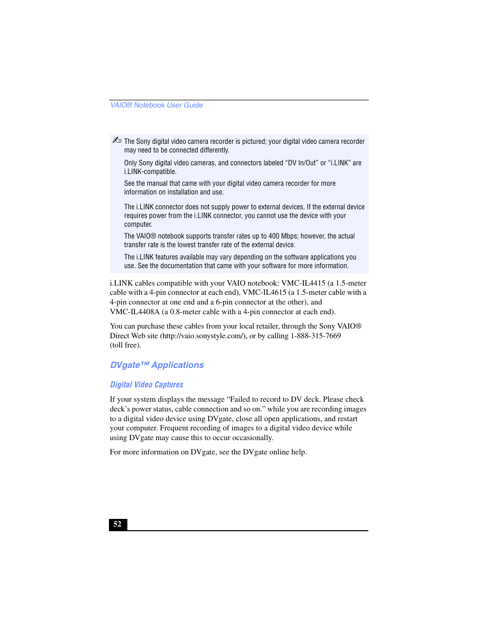 Dvgate™ applications, Digital video captures | Sony PCG-SR17 User Manual | Page 50 / 122