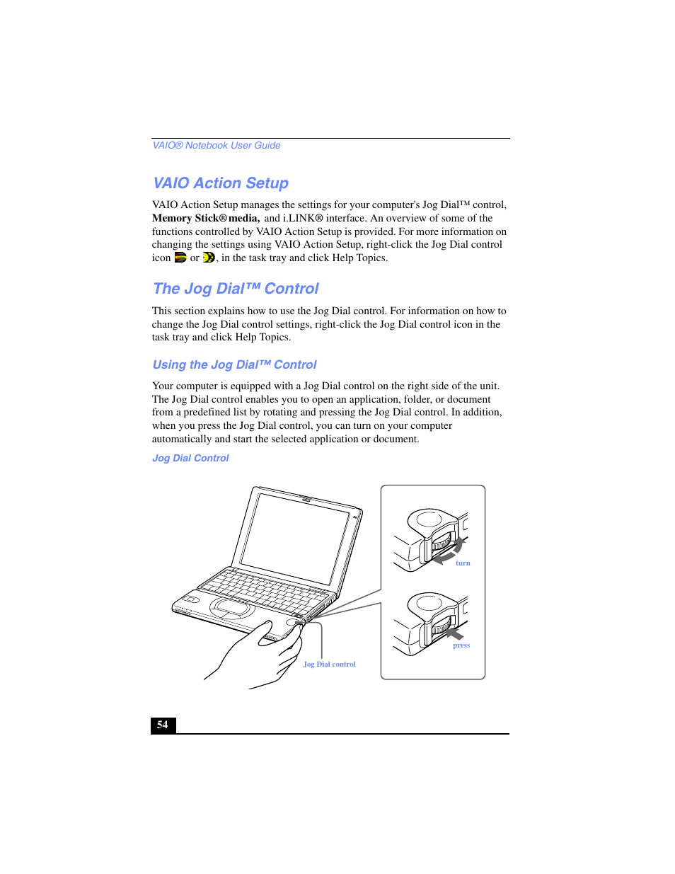 Vaio action setup, The jog dial™ control, Using the jog dial™ control | Jog dial control | Sony PCG-SR17 User Manual | Page 52 / 122