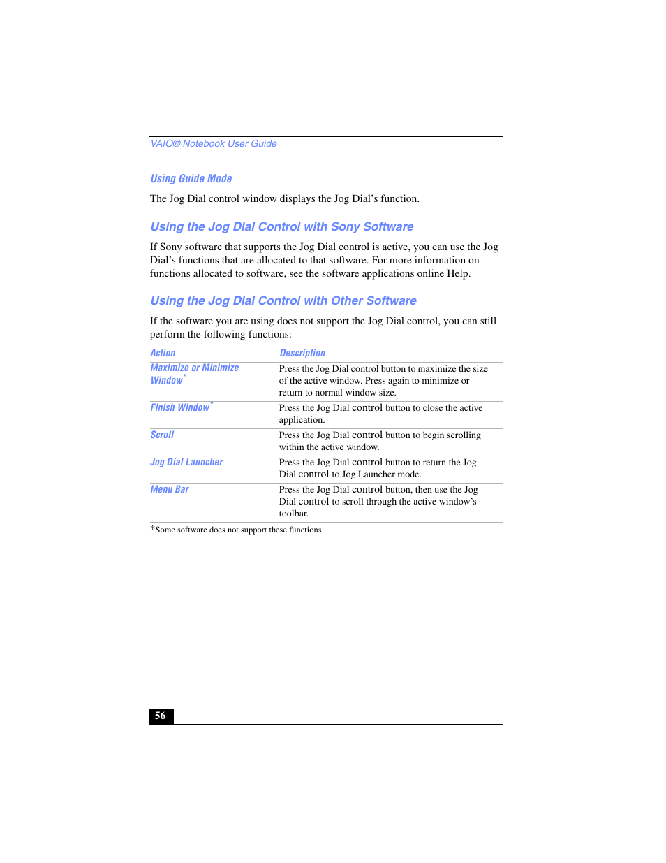 Using guide mode, Using the jog dial control with sony software, Using the jog dial control with other software | Sony PCG-SR17 User Manual | Page 54 / 122