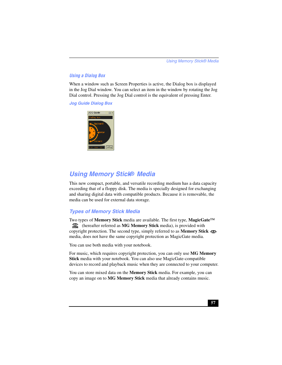 Using a dialog box, Jog guide dialog box, Using memory stick® media | Types of memory stick media, Media | Sony PCG-SR17 User Manual | Page 55 / 122