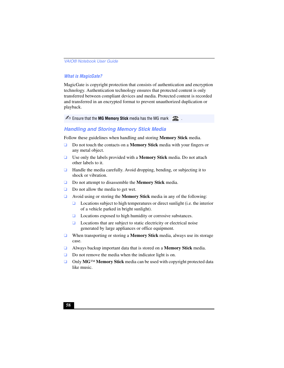 What is magicgate, Handling and storing memory stick media | Sony PCG-SR17 User Manual | Page 56 / 122