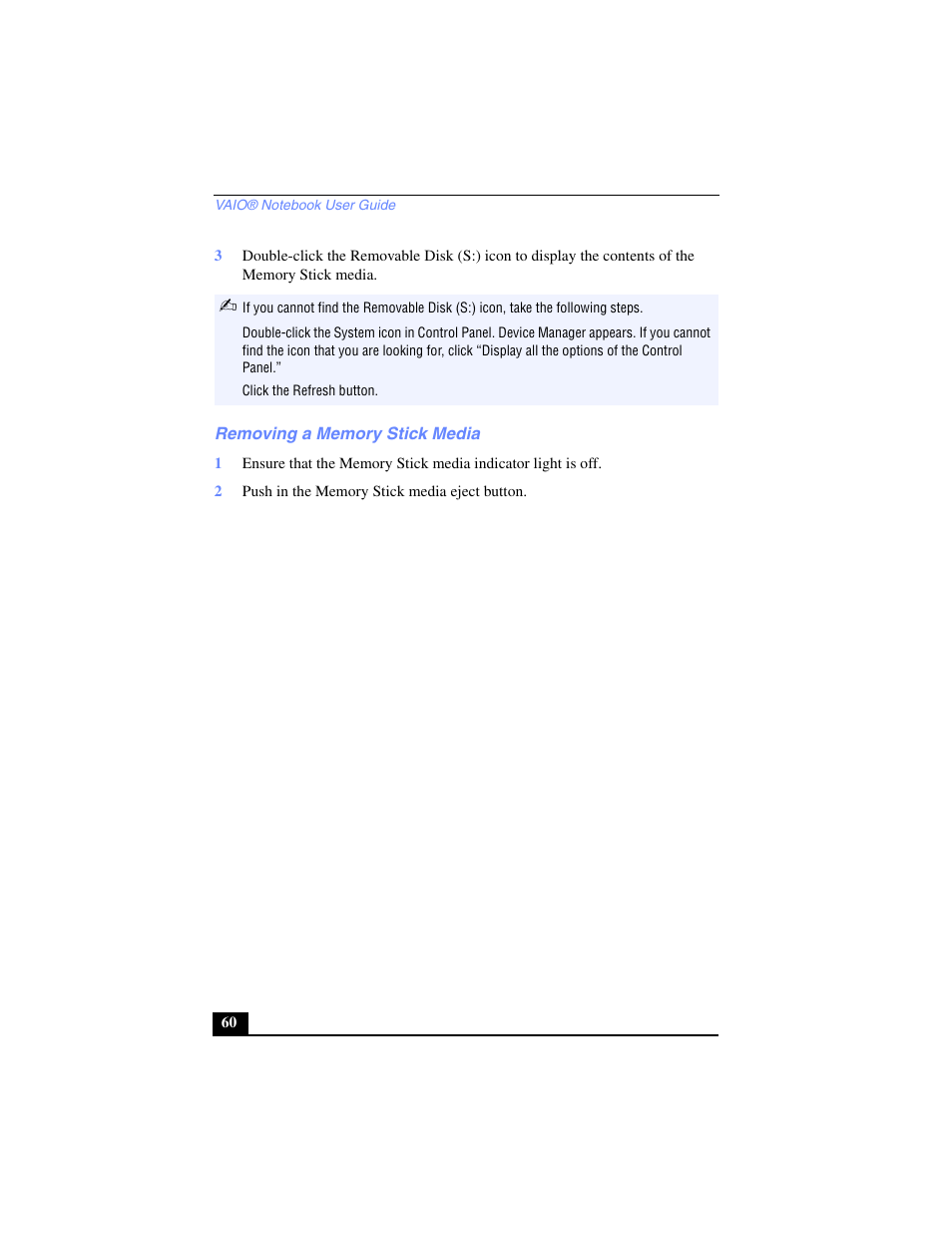 Removing a memory stick media, 2 push in the memory stick media eject button | Sony PCG-SR17 User Manual | Page 58 / 122