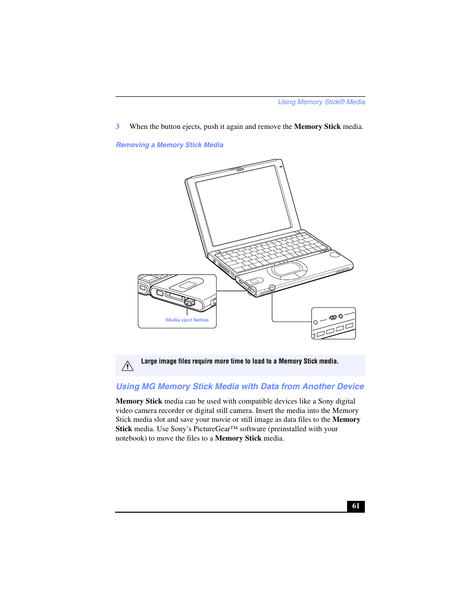 Removing a memory stick media | Sony PCG-SR17 User Manual | Page 59 / 122