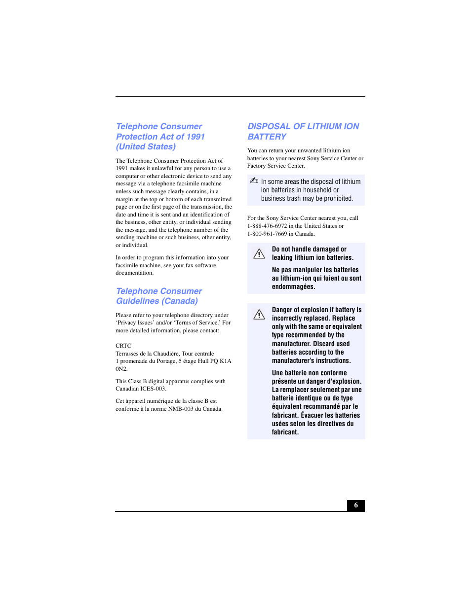 Telephone consumer guidelines (canada), Disposal of lithium ion battery | Sony PCG-SR17 User Manual | Page 6 / 122