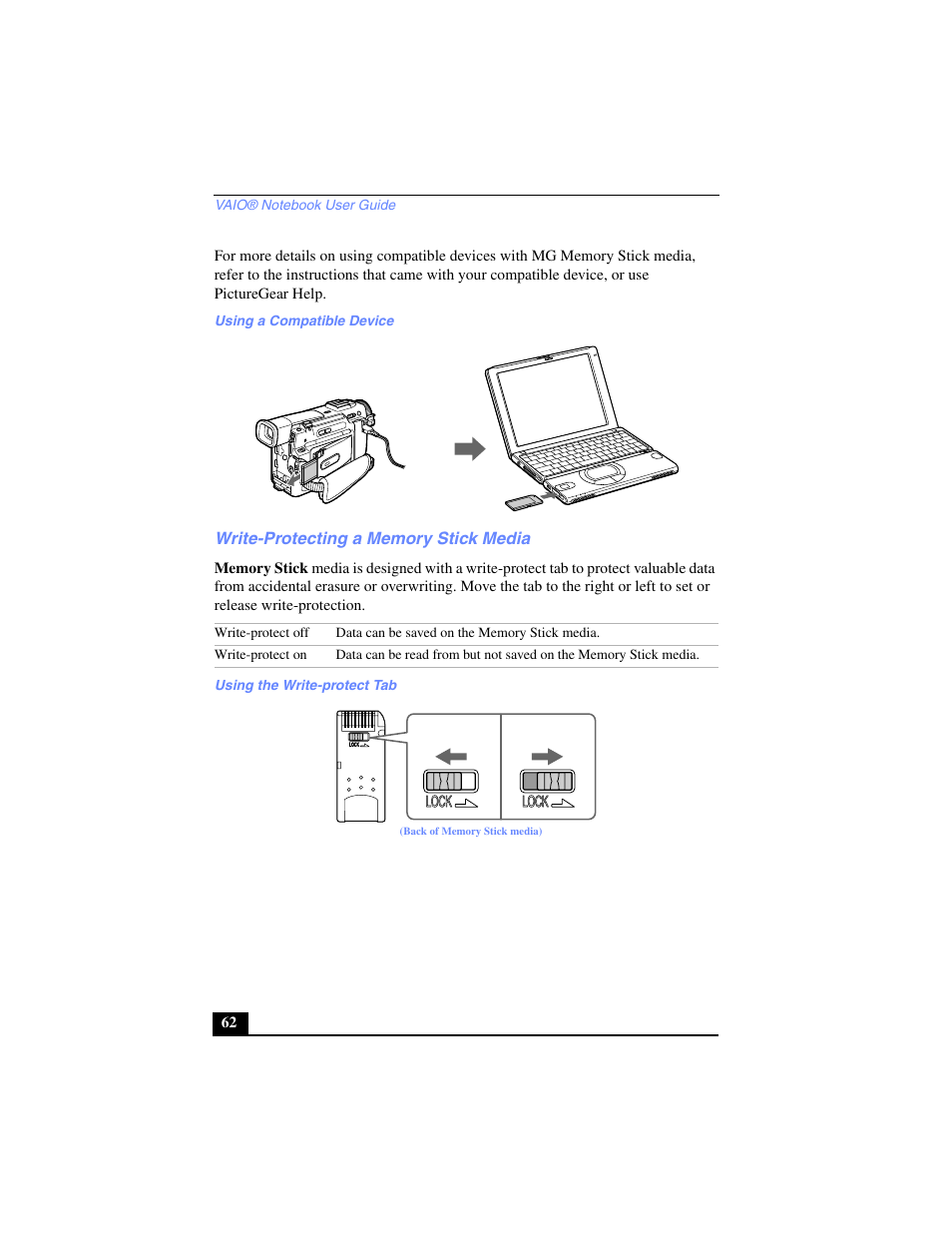 Using a compatible device, Write-protecting a memory stick media, Using the write-protect tab | Sony PCG-SR17 User Manual | Page 60 / 122