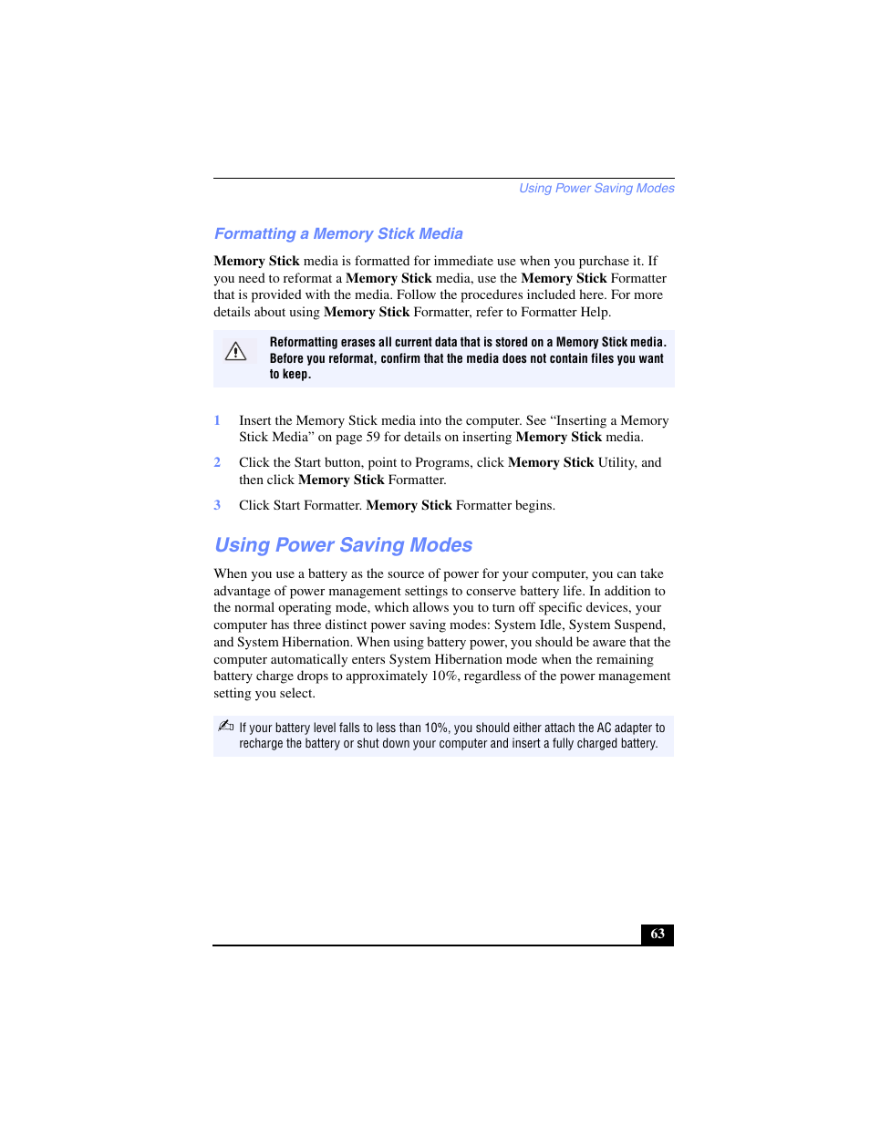 Formatting a memory stick media, Using power saving modes | Sony PCG-SR17 User Manual | Page 61 / 122