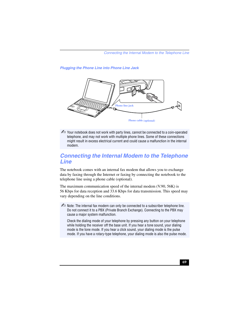 Plugging the phone line into phone line jack | Sony PCG-SR17 User Manual | Page 67 / 122