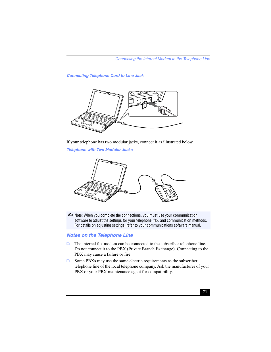 Connecting telephone cord to line jack, Telephone with two modular jacks, Notes on the telephone line | Sony PCG-SR17 User Manual | Page 69 / 122