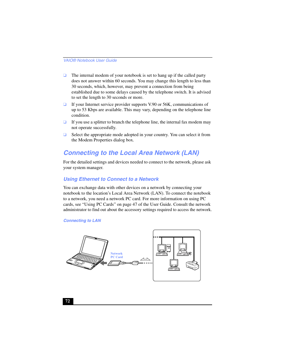 Connecting to the local area network (lan), Using ethernet to connect to a network, Connecting to lan | Sony PCG-SR17 User Manual | Page 70 / 122