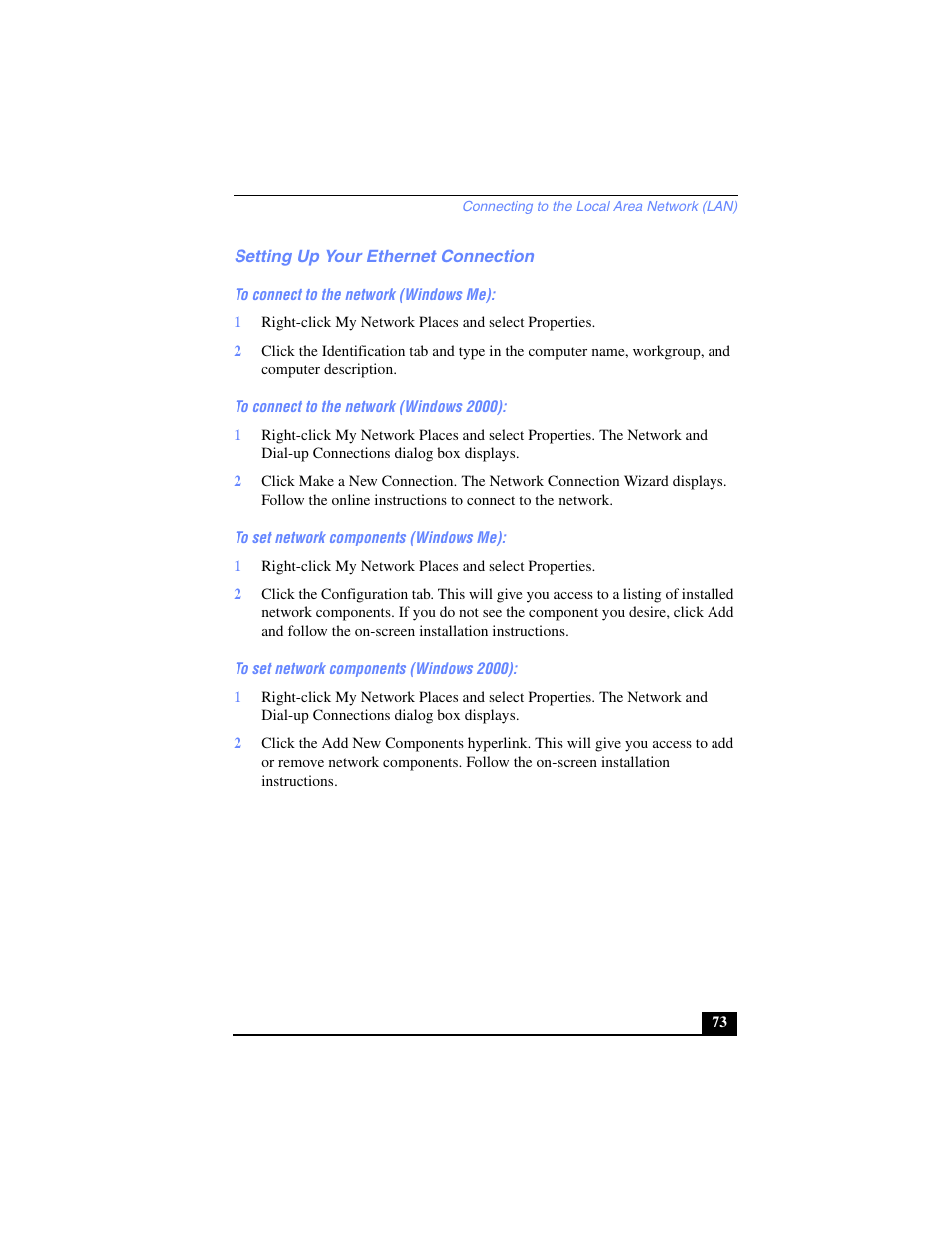 Setting up your ethernet connection, To connect to the network (windows me), To connect to the network (windows 2000) | To set network components (windows me), To set network components (windows 2000) | Sony PCG-SR17 User Manual | Page 71 / 122