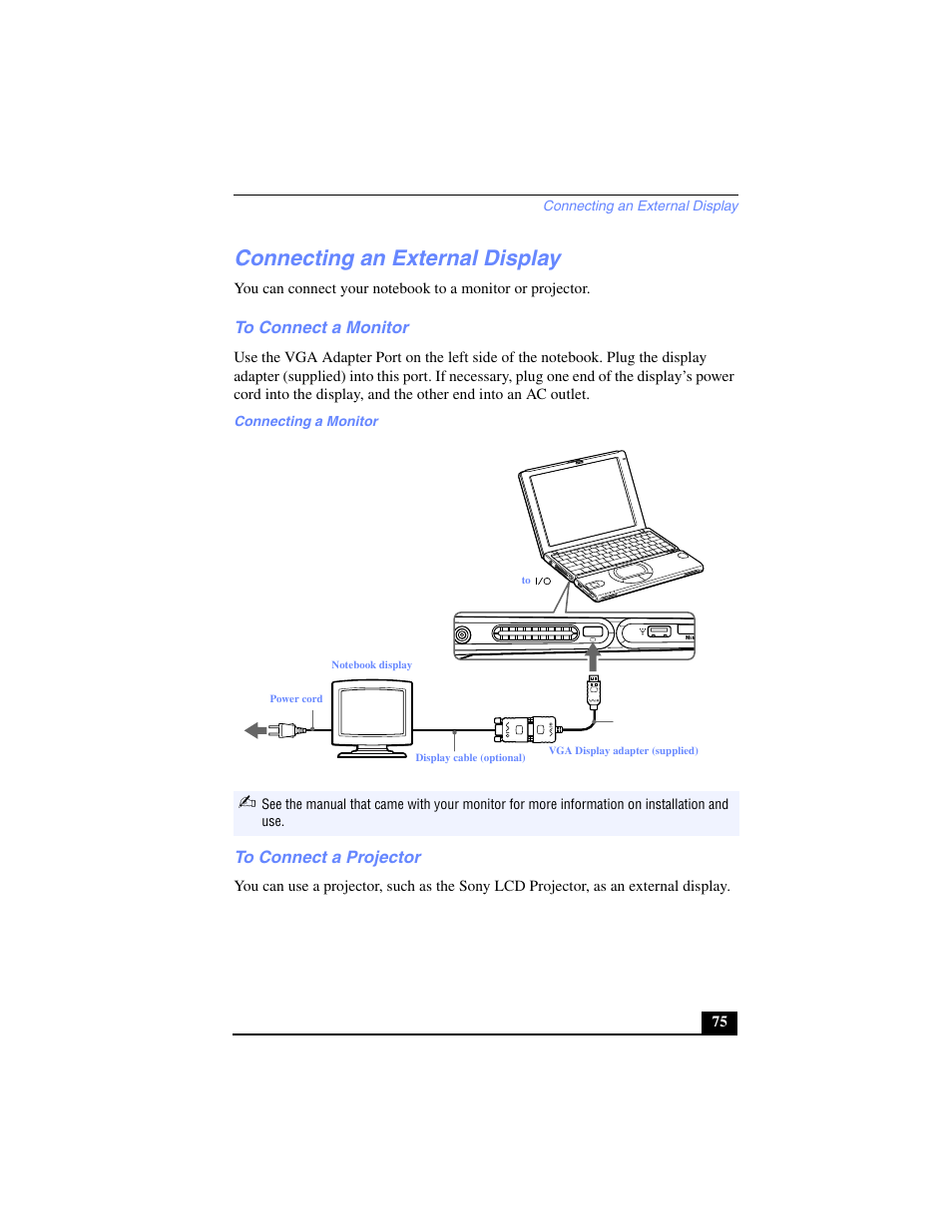 Connecting an external display, To connect a monitor, Connecting a monitor | To connect a projector | Sony PCG-SR17 User Manual | Page 73 / 122