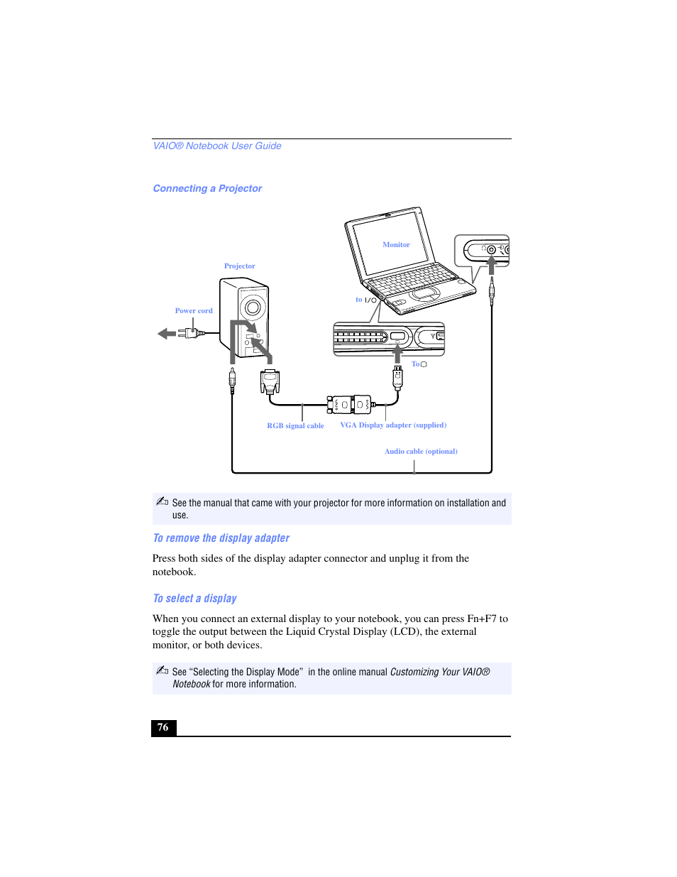 Connecting a projector, To remove the display adapter, To select a display | Sony PCG-SR17 User Manual | Page 74 / 122