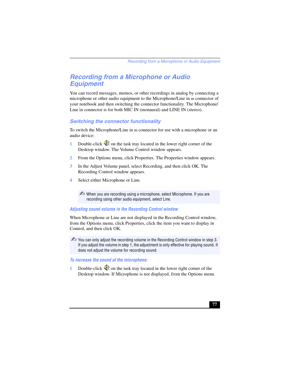 Recording from a microphone or audio equipment, Switching the connector functionality, 4 select either microphone or line | To increase the sound of the microphone | Sony PCG-SR17 User Manual | Page 75 / 122