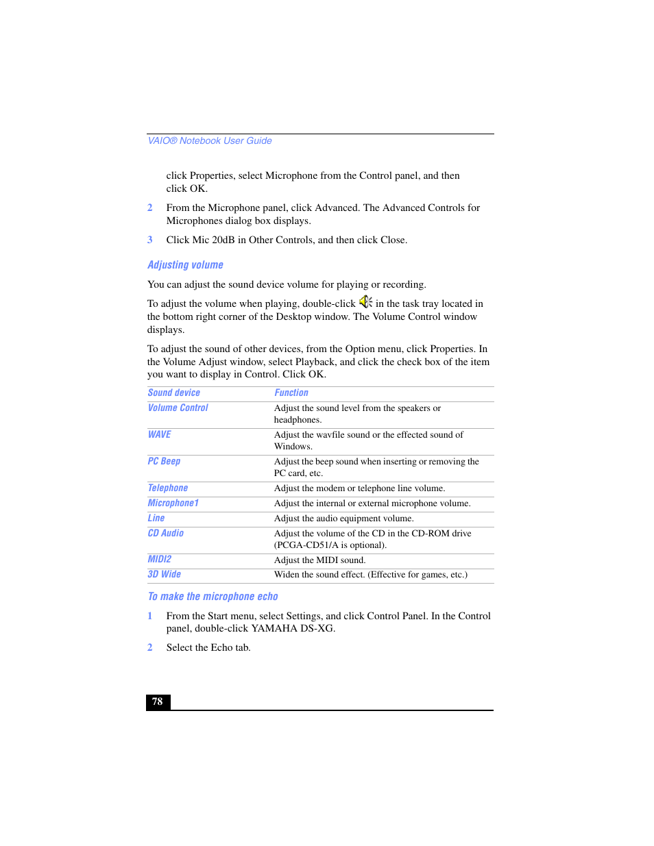 Adjusting volume, To make the microphone echo, 2 select the echo tab | Sony PCG-SR17 User Manual | Page 76 / 122