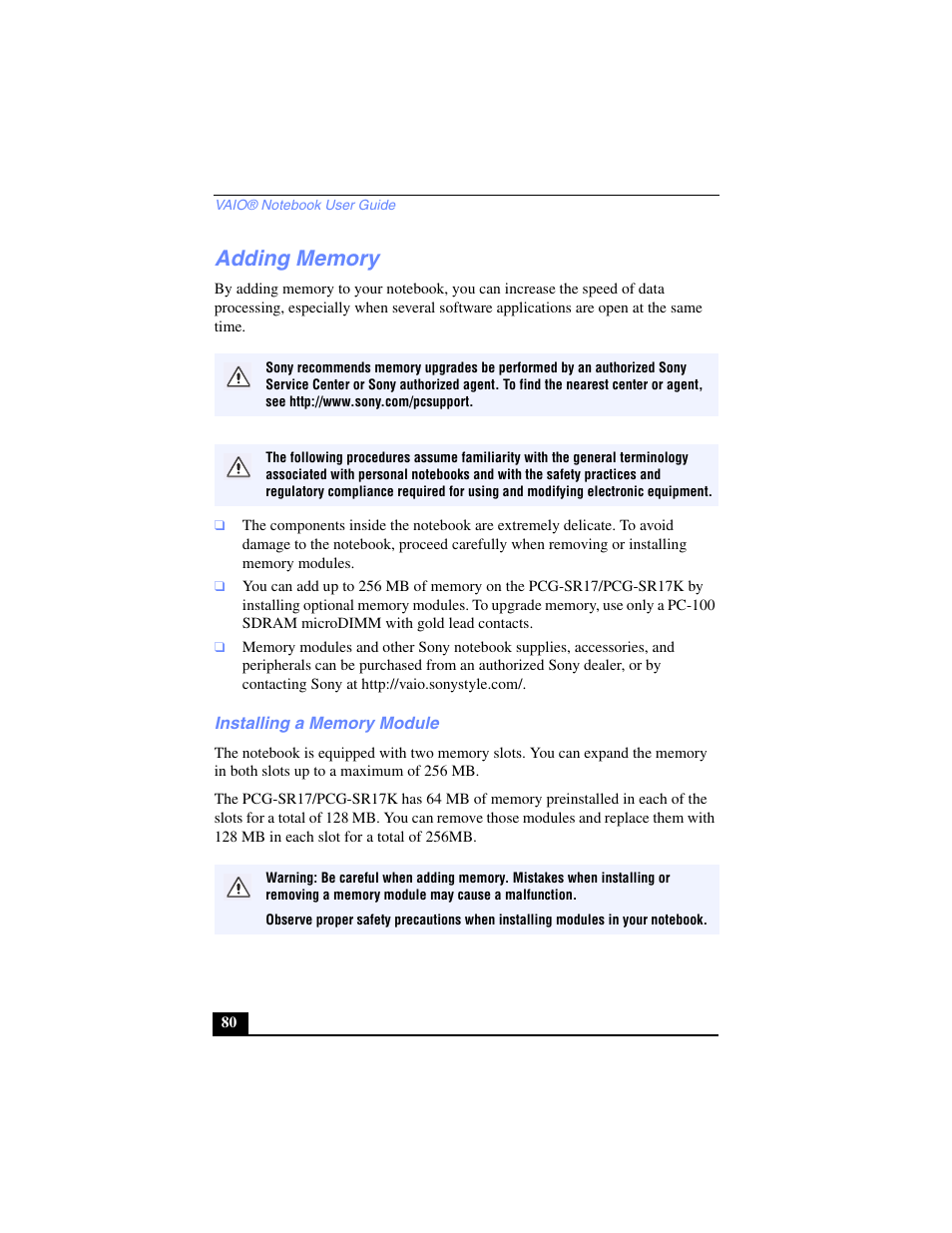 Adding memory, Installing a memory module | Sony PCG-SR17 User Manual | Page 78 / 122