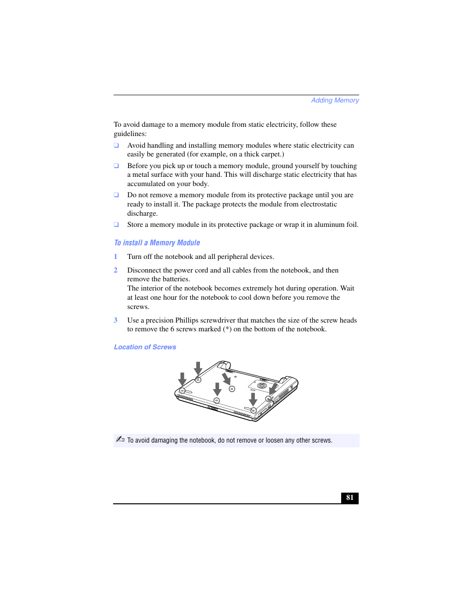 To install a memory module, 1 turn off the notebook and all peripheral devices, Location of screws | Sony PCG-SR17 User Manual | Page 79 / 122