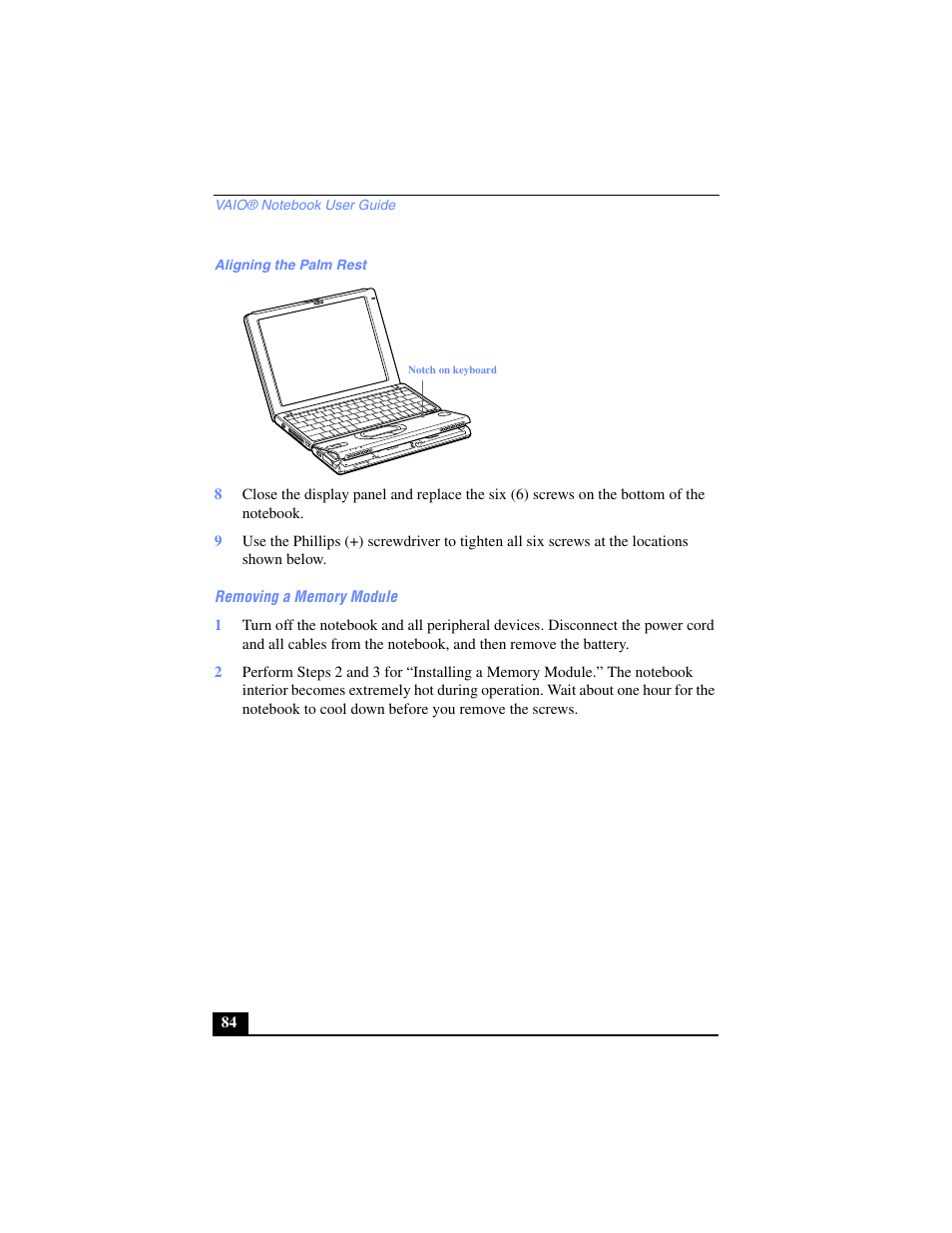 Aligning the palm rest, Removing a memory module | Sony PCG-SR17 User Manual | Page 82 / 122