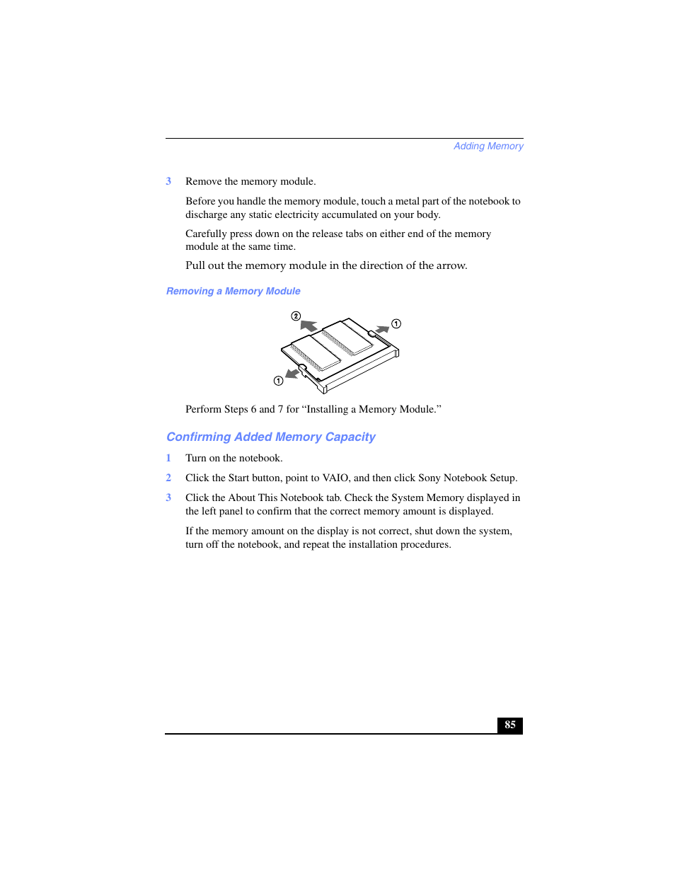 3 remove the memory module, Removing a memory module, Confirming added memory capacity | 1 turn on the notebook | Sony PCG-SR17 User Manual | Page 83 / 122