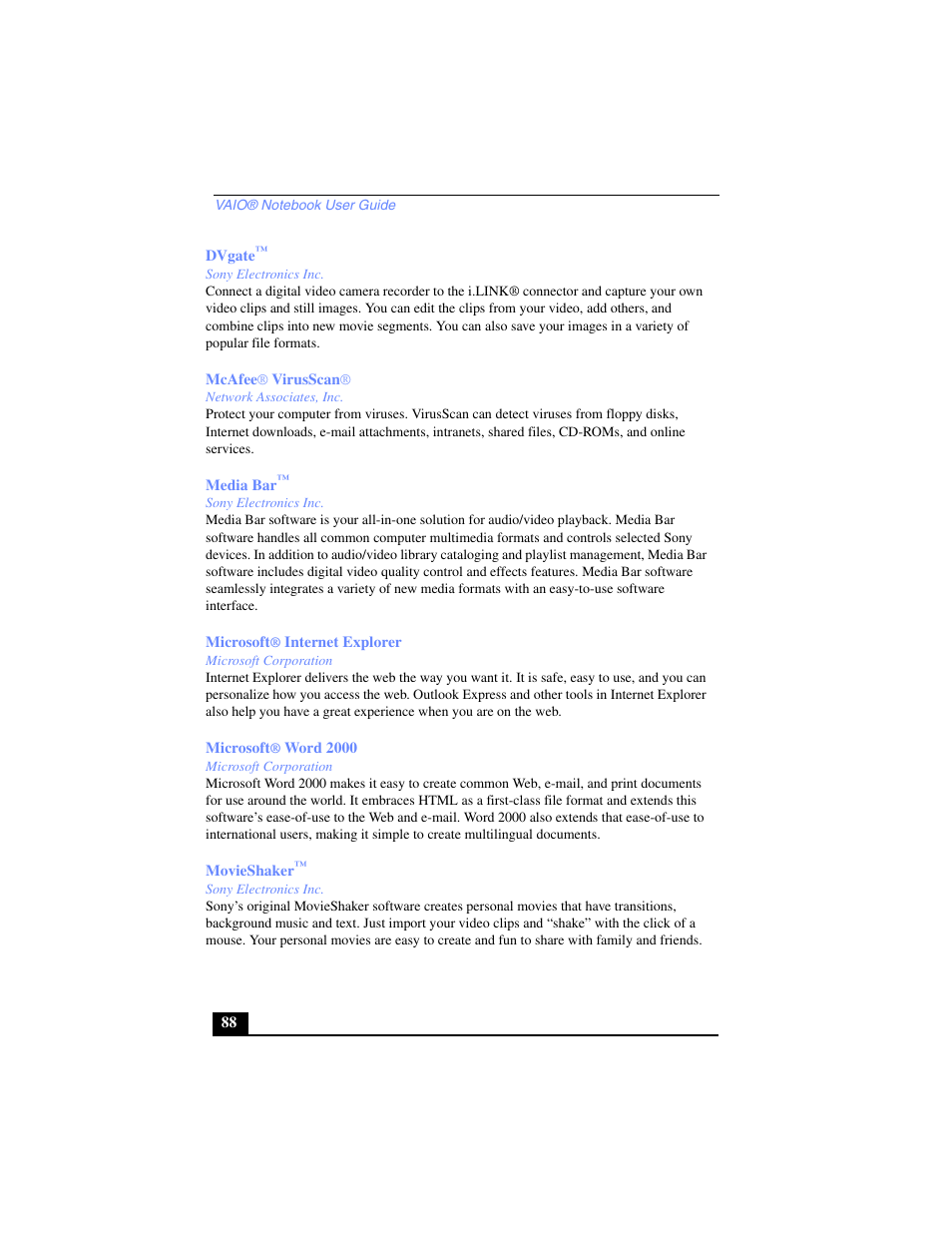 Dvgate, Sony electronics inc, Mcafee® virusscan | Network associates, inc, Media bar, Microsoft® internet explorer, Microsoft corporation, Microsoft® word 2000, Movieshaker | Sony PCG-SR17 User Manual | Page 86 / 122