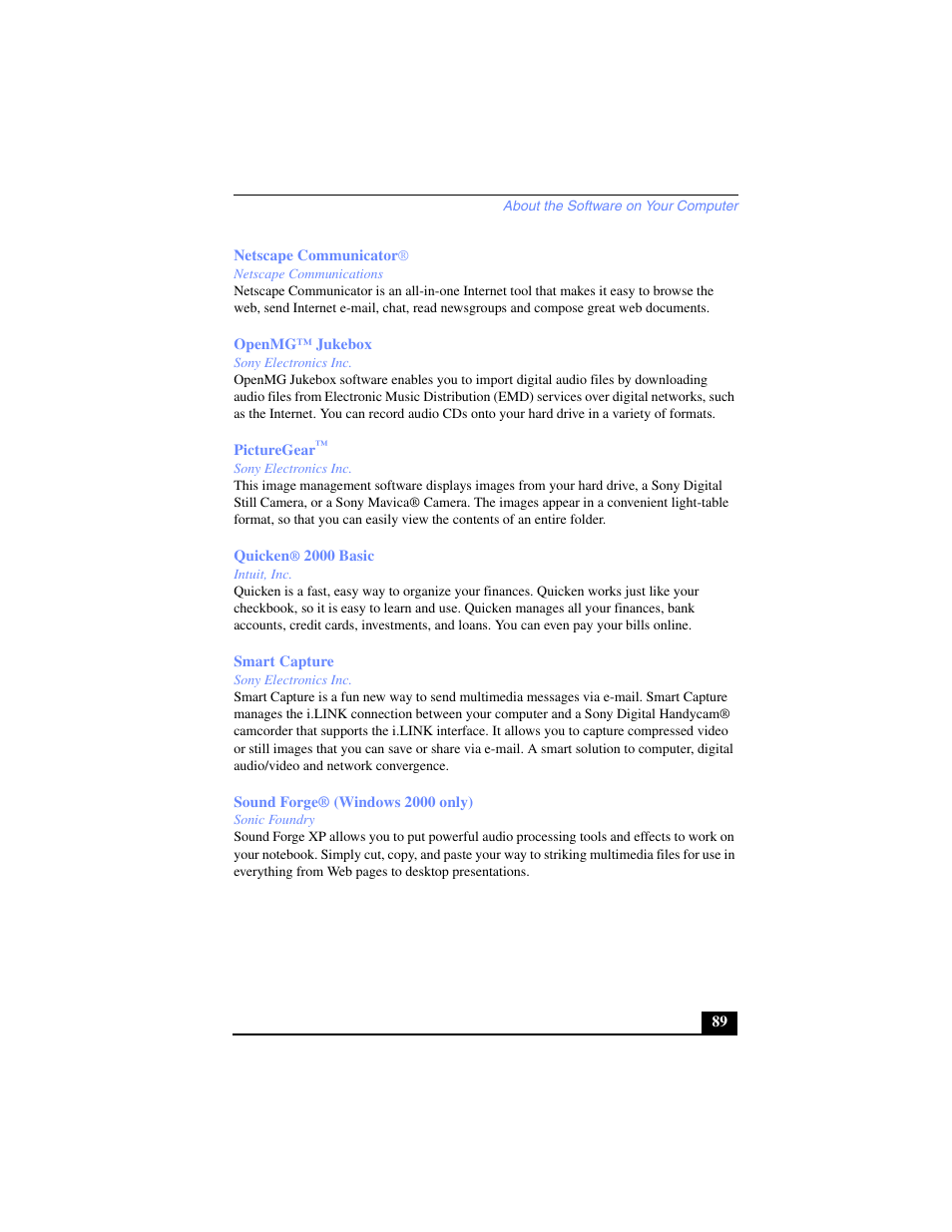 Netscape communicator, Netscape communications, Openmg™ jukebox | Sony electronics inc, Picturegear, Quicken® 2000 basic, Intuit, inc, Smart capture, Sound forge® (windows 2000 only), Sonic foundry | Sony PCG-SR17 User Manual | Page 87 / 122