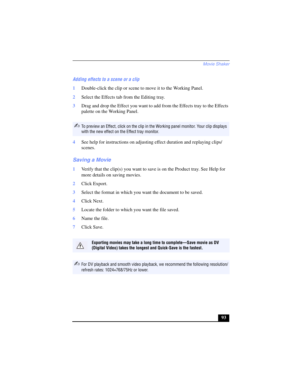 Adding effects to a scene or a clip, 2 select the effects tab from the editing tray, Saving a movie | 2 click export, 4 click next, 6 name the file, 7 click save | Sony PCG-SR17 User Manual | Page 91 / 122