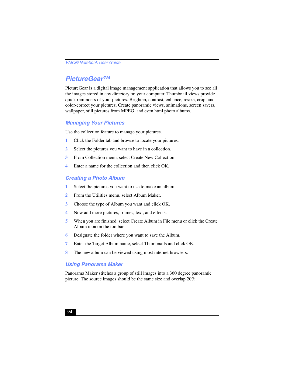 Picturegear, Managing your pictures, Creating a photo album | 2 from the utilities menu, select album maker, 3 choose the type of album you want and click ok, 4 now add more pictures, frames, text, and effects, Using panorama maker | Sony PCG-SR17 User Manual | Page 92 / 122