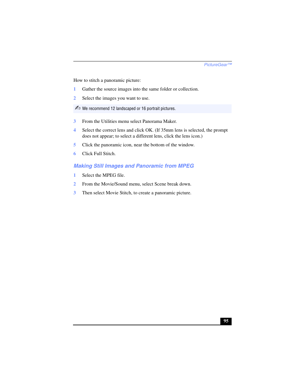 2 select the images you want to use, 3 from the utilities menu select panorama maker, 6 click full stitch | Making still images and panoramic from mpeg, 1 select the mpeg file | Sony PCG-SR17 User Manual | Page 93 / 122