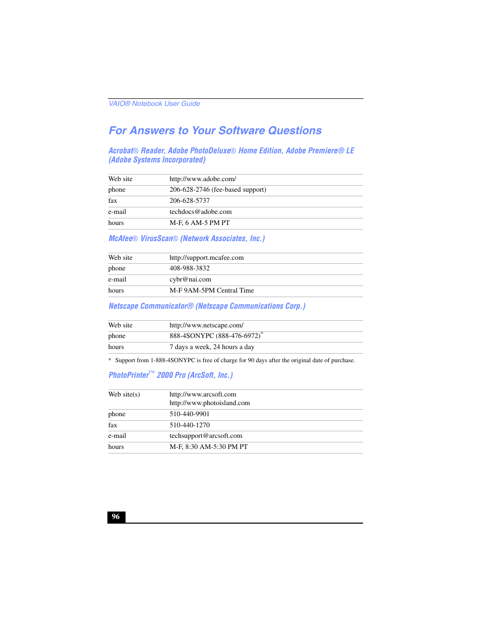 For answers to your software questions, Mcafee® virusscan® (network associates, inc.), Photoprinter™ 2000 pro (arcsoft, inc.) | Sony PCG-SR17 User Manual | Page 94 / 122