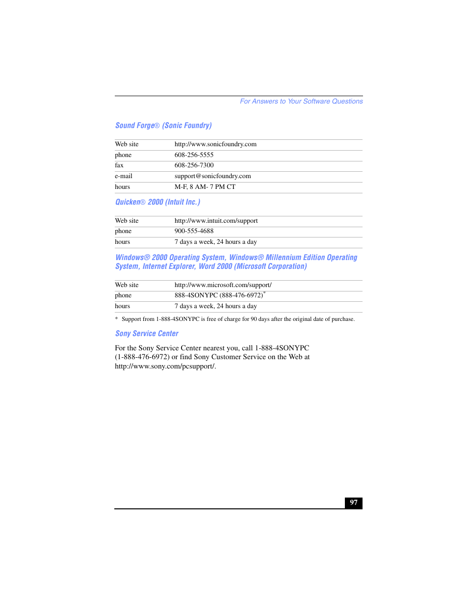 Sound forge® (sonic foundry), Quicken® 2000 (intuit inc.), Sony service center | Sony PCG-SR17 User Manual | Page 95 / 122