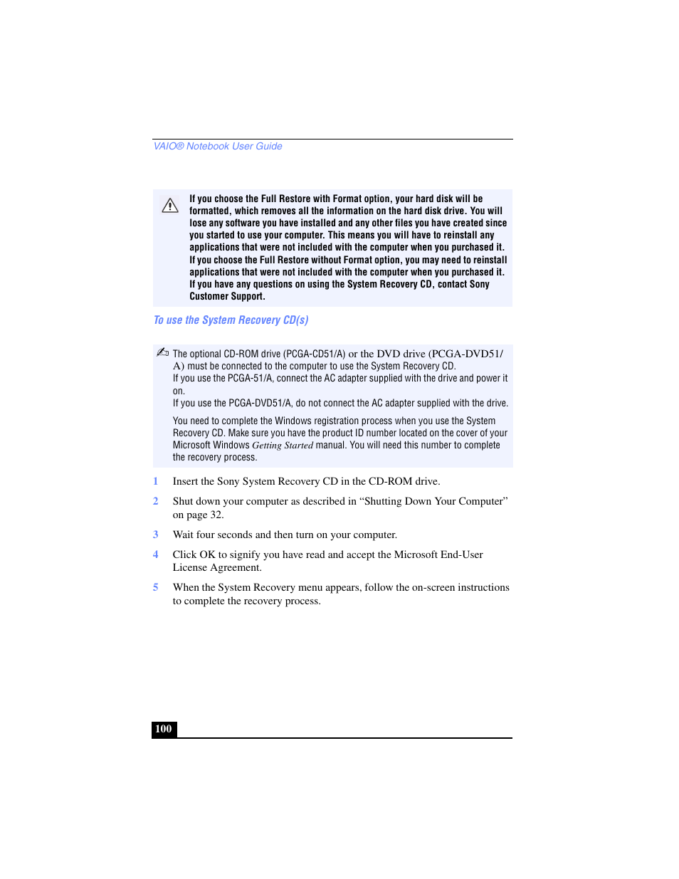 To use the system recovery cd(s), 3 wait four seconds and then turn on your computer | Sony PCG-SR17 User Manual | Page 98 / 122