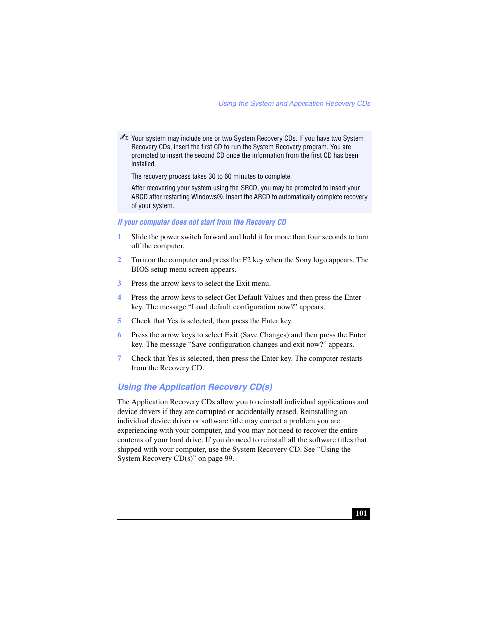 3 press the arrow keys to select the exit menu, Using the application recovery cd(s) | Sony PCG-SR17 User Manual | Page 99 / 122