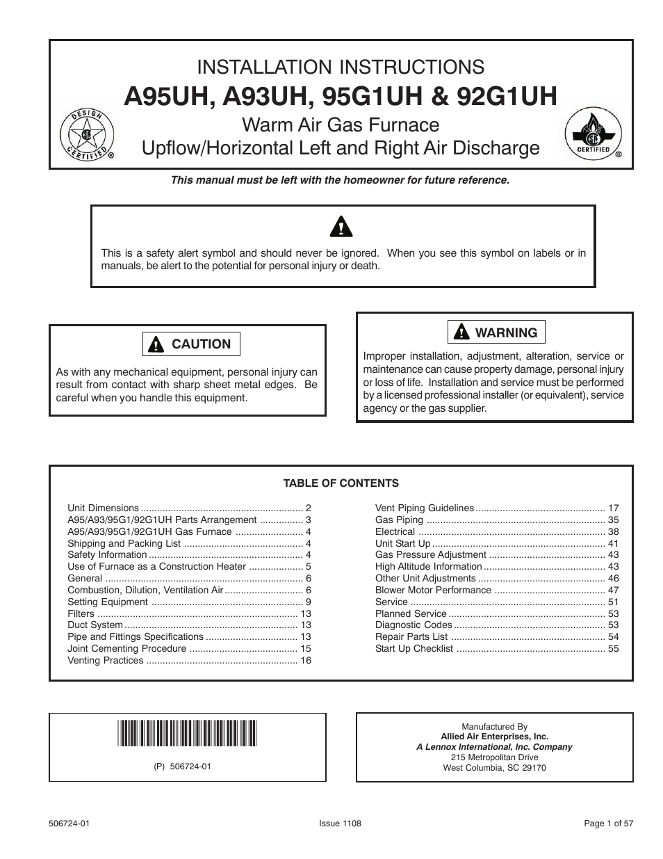 Allied Air Enterprises WARM AIR GAS FURNACE 92G1UH User Manual | 57 pages