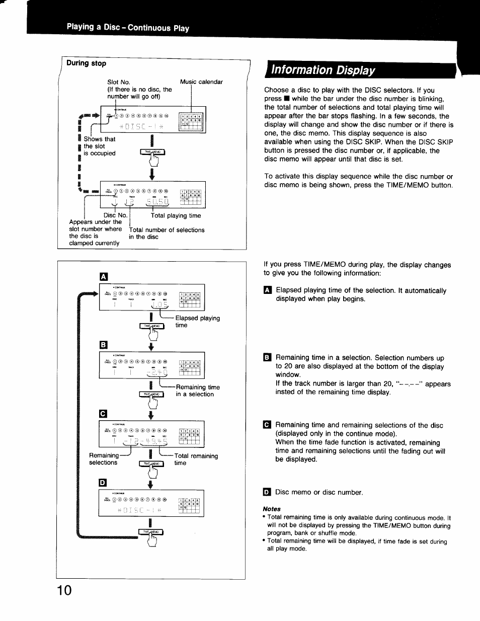 Playing a disc - continuous play, Information display | Sony CDP-C910 User Manual | Page 10 / 26
