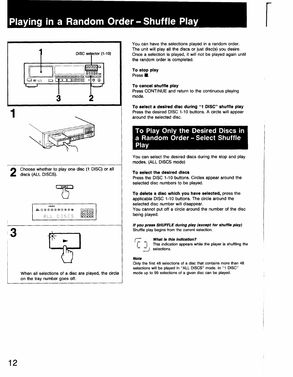 Playing in a random order - shuffle play, To stop play, To cancel shuffle play | To select the desired discs | Sony CDP-C910 User Manual | Page 12 / 26