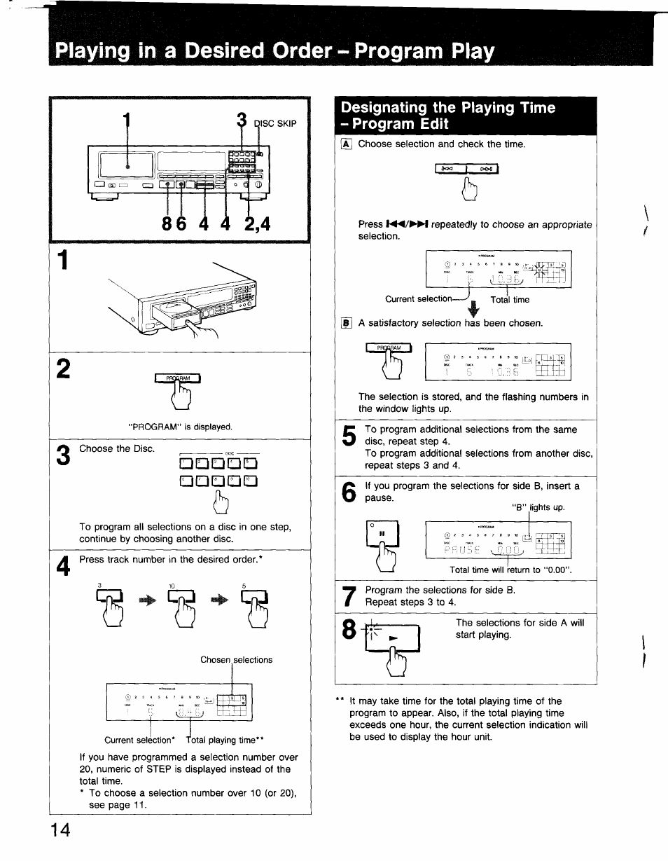 Playing in a desired order - program play, Designating the piaying time - program edit, Designating the playing time-program edit | 14 designating the piaying time - program edit | Sony CDP-C910 User Manual | Page 14 / 26