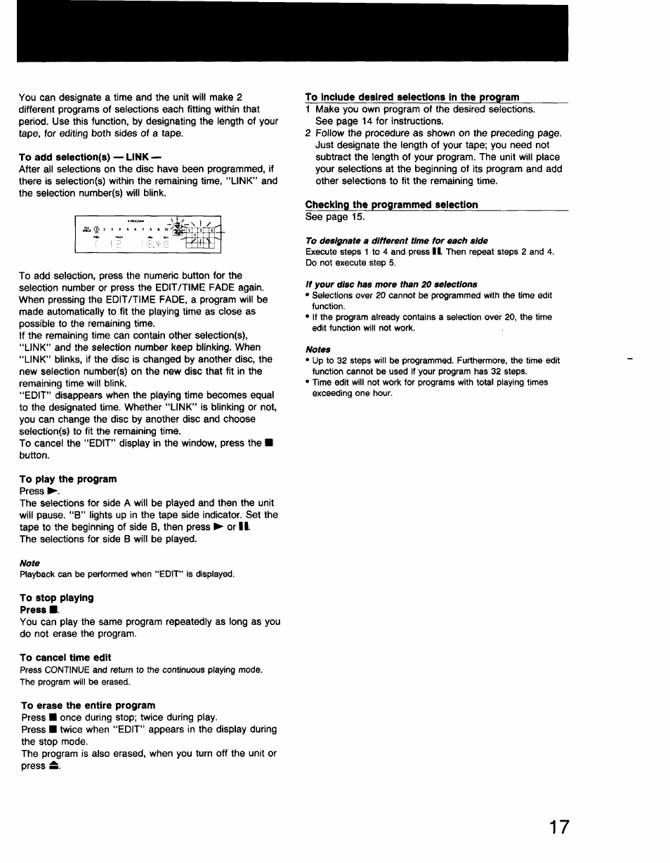 To add selection(s) — link, To include desired selections in the program, Checking the programmed selection | To play the program, To stop playing press, To cancel time edit, To erase the entire program | Sony CDP-C910 User Manual | Page 17 / 26