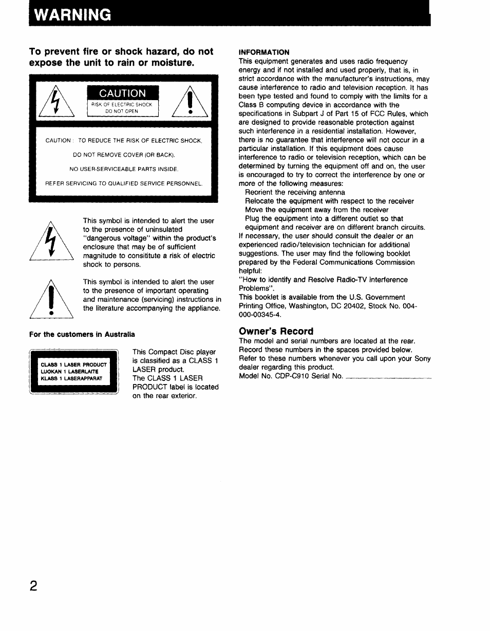 For the customers in australia, Information, Warning | Owner’s record, Caution | Sony CDP-C910 User Manual | Page 2 / 26