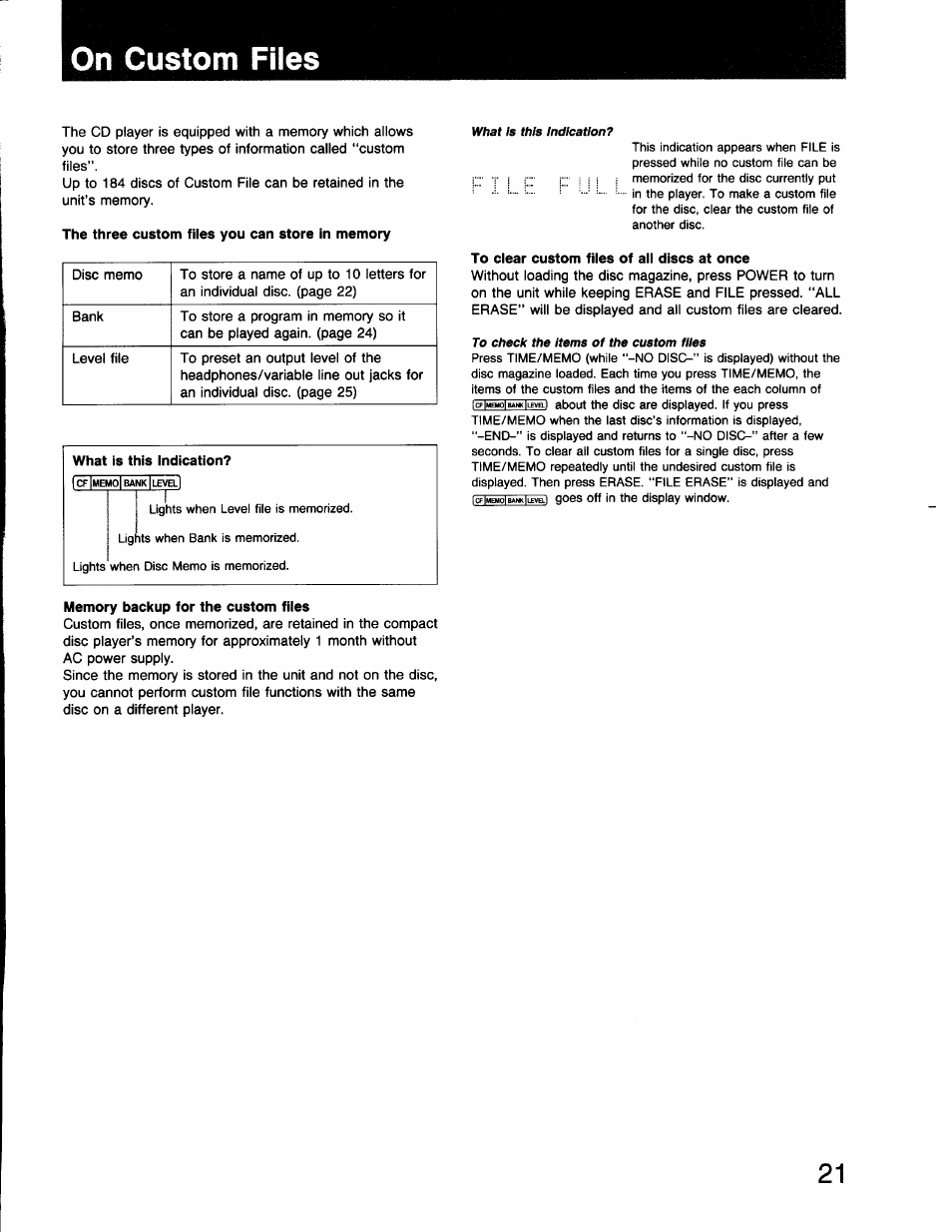 On custom files, The three custom files you can store in memory, Memory backup for the custom files | To clear custom files of all discs at once | Sony CDP-C910 User Manual | Page 21 / 26