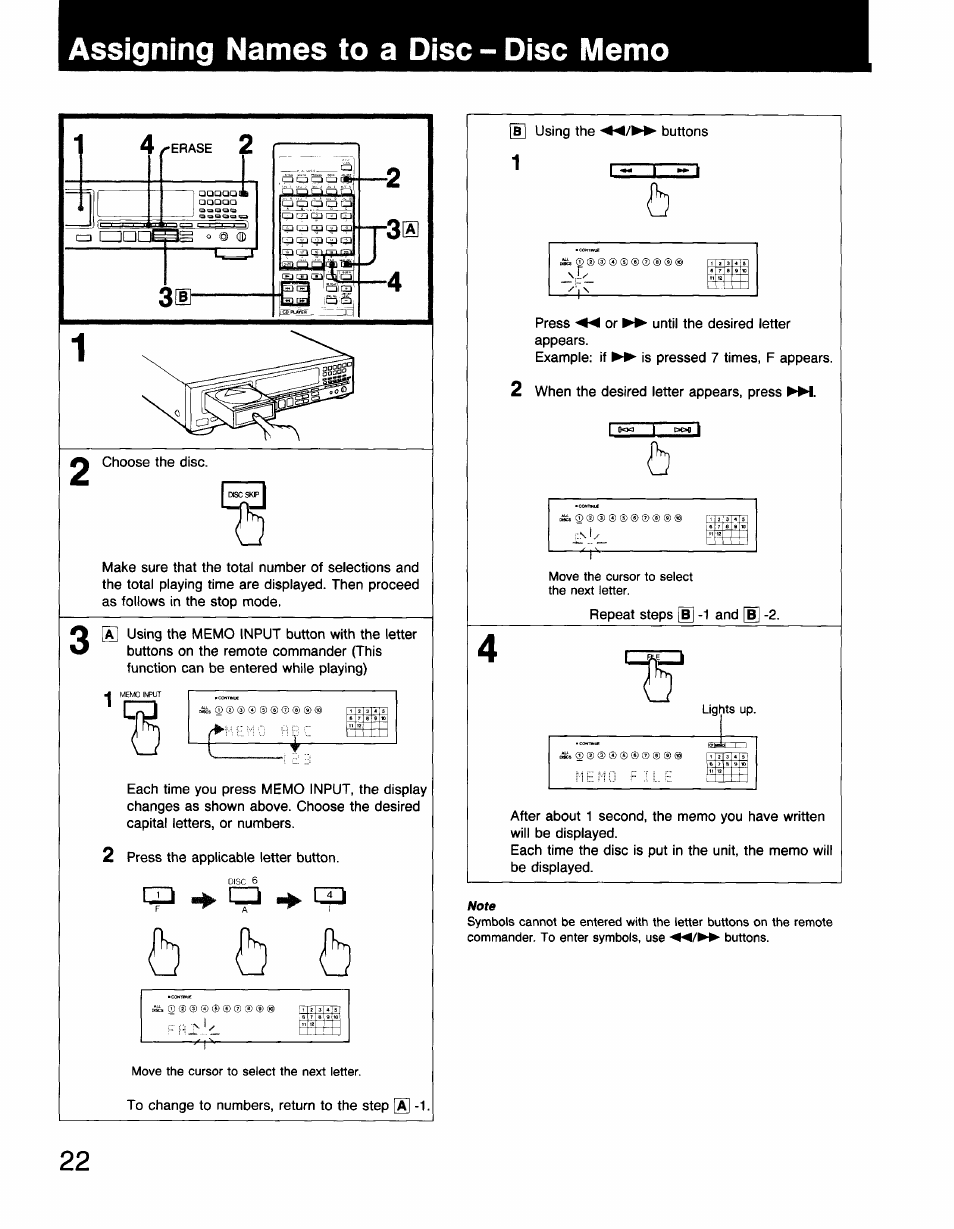 Assigning names to a disc - disc memo | Sony CDP-C910 User Manual | Page 22 / 26