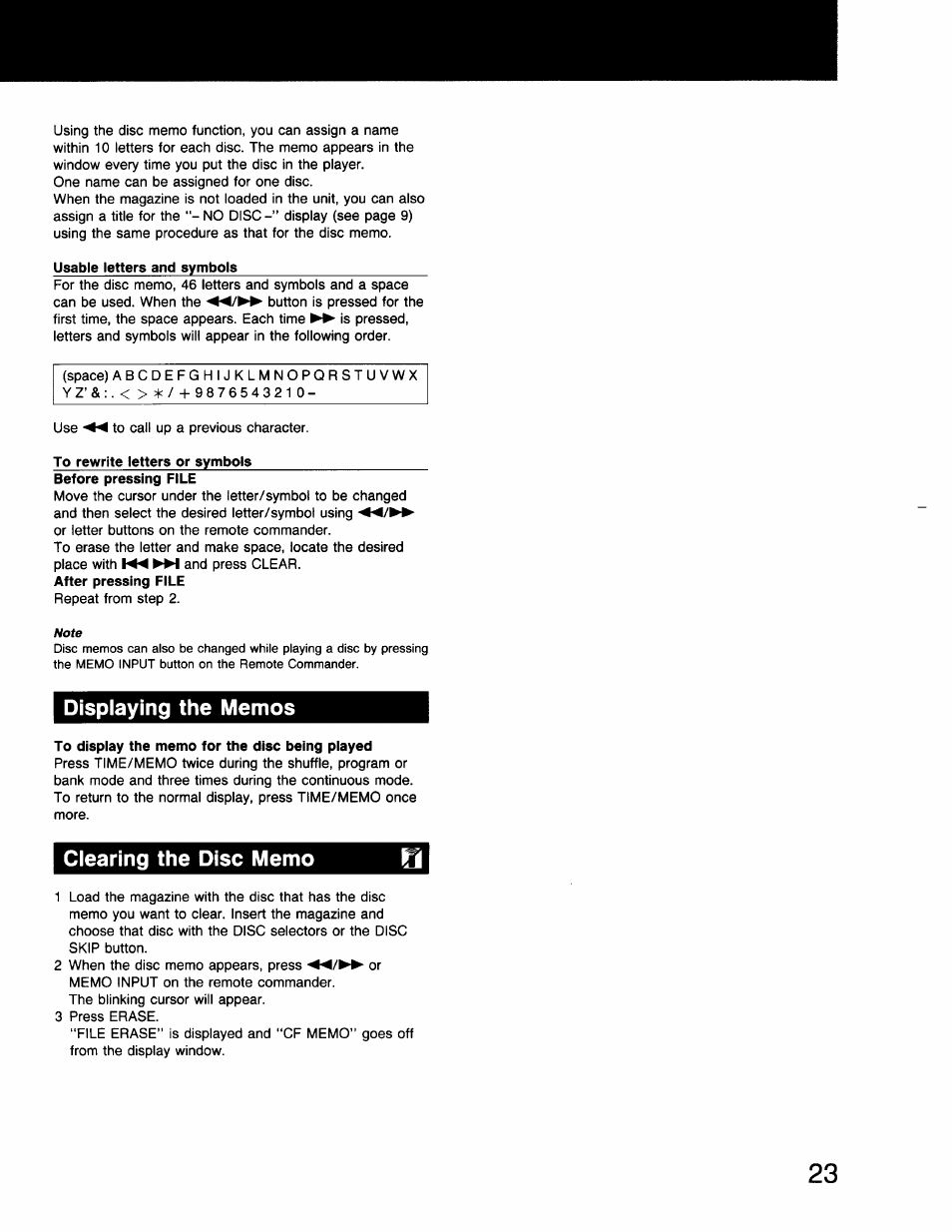Usable letters and symbols, To rewrite letters or symbols, Before pressing file | Displaying the memos, To display the memo for the disc being played, Clearing the disc memo, Displaying the memos clearing the disc memo | Sony CDP-C910 User Manual | Page 23 / 26