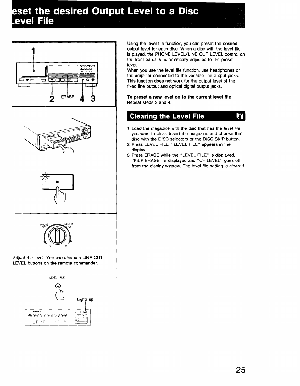 9set the desired output level to a disc .evel file, To preset a new level on to the current level file, Clearing the level file | Set the desired output level to a disc .evel file | Sony CDP-C910 User Manual | Page 25 / 26