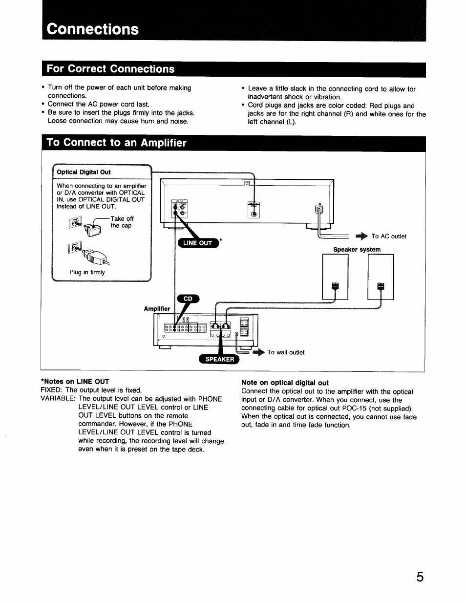 Connections, For correct connections, Notes on line out | Note on optical digital out | Sony CDP-C910 User Manual | Page 5 / 26