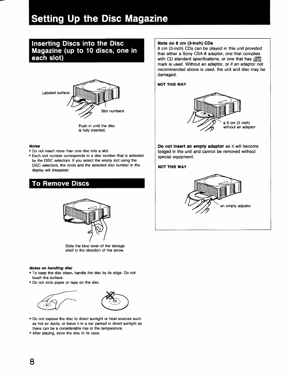 Setting up the disc magazine, To remove discs | Sony CDP-C910 User Manual | Page 8 / 26