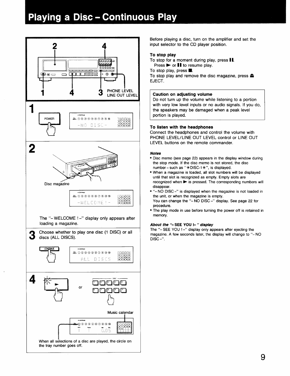 Playing a disc - continuous play, To stop play, To listen with the headphones | Sony CDP-C910 User Manual | Page 9 / 26