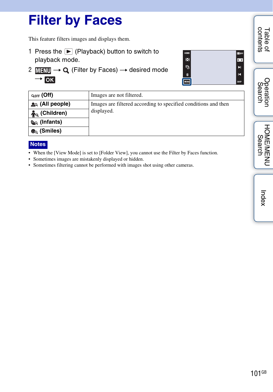 Filter by faces), Filter by faces | Sony DSC-G3 User Manual | Page 101 / 178