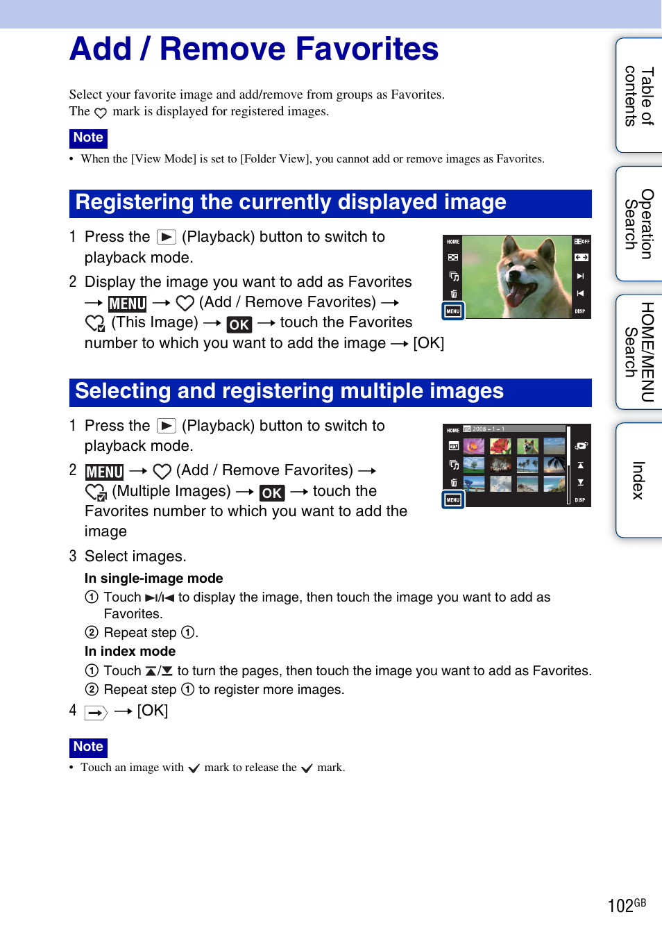 Add / remove, Favorites, Add / remove favorites | Sony DSC-G3 User Manual | Page 102 / 178