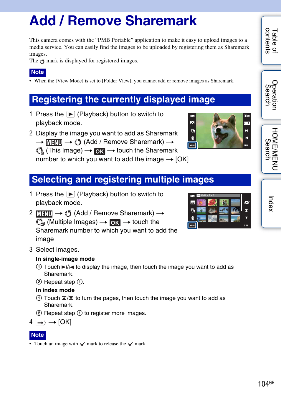 Add / remove, Sharemark), Add / remove sharemark | Sony DSC-G3 User Manual | Page 104 / 178