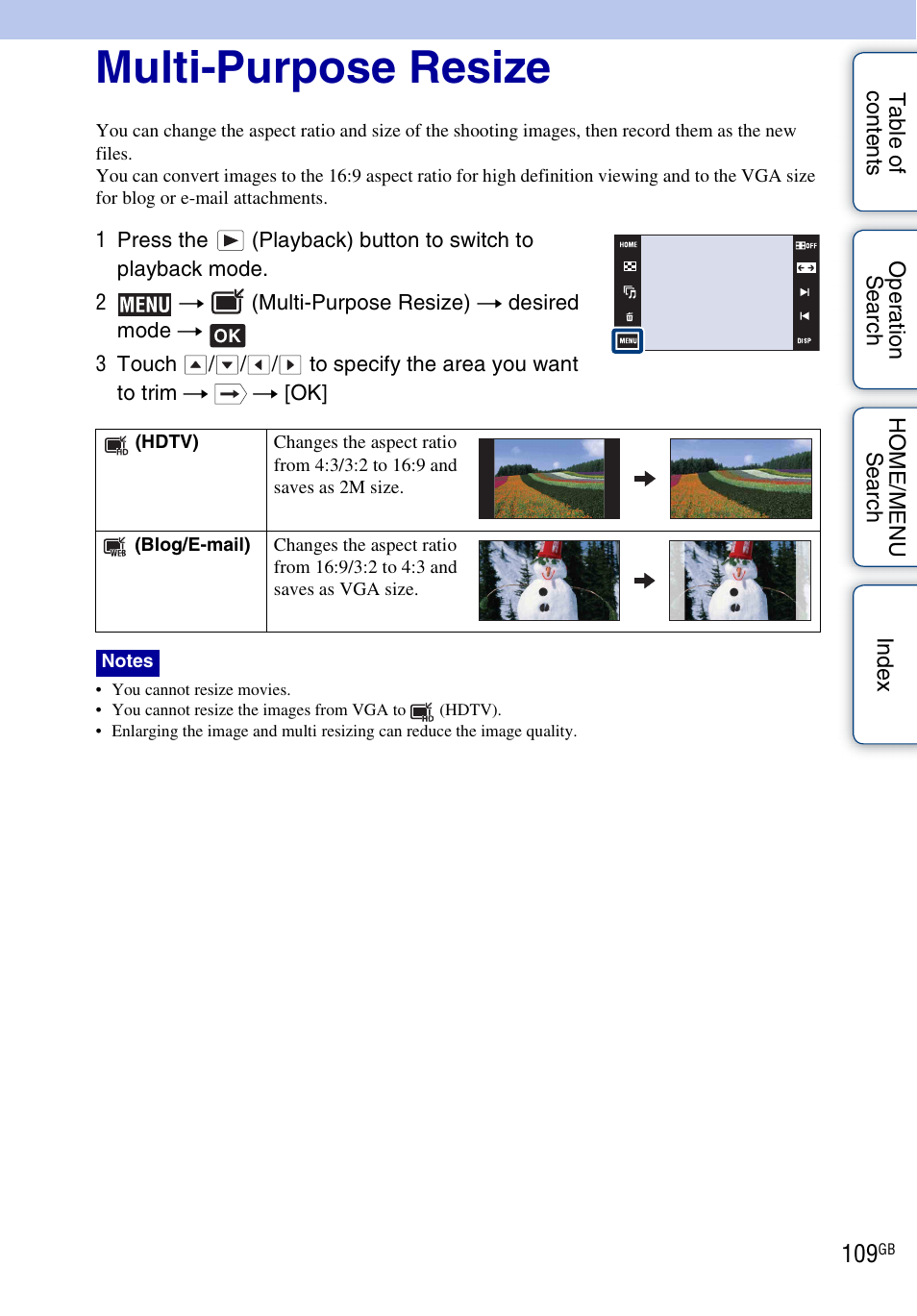 Multi-purpose resize | Sony DSC-G3 User Manual | Page 109 / 178